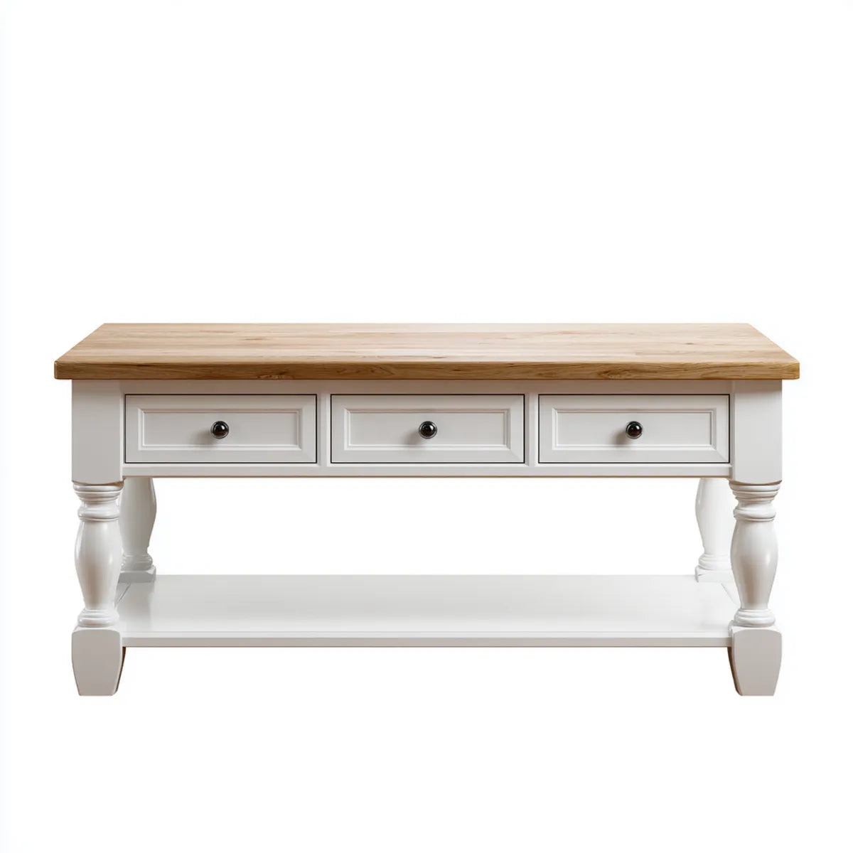 Stolik kawowy, Prostokątny stół kawowy biały i dąb 120 x 60 x 50 cm MDF z 3 szufladami i półką