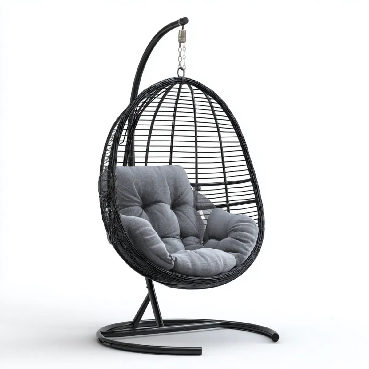 Hamak lub fotel wiszący, Czarny owalny ogród wiszący fotel z szarą poduszką w rattanie PE i stali 105 x 105 x 195 cm