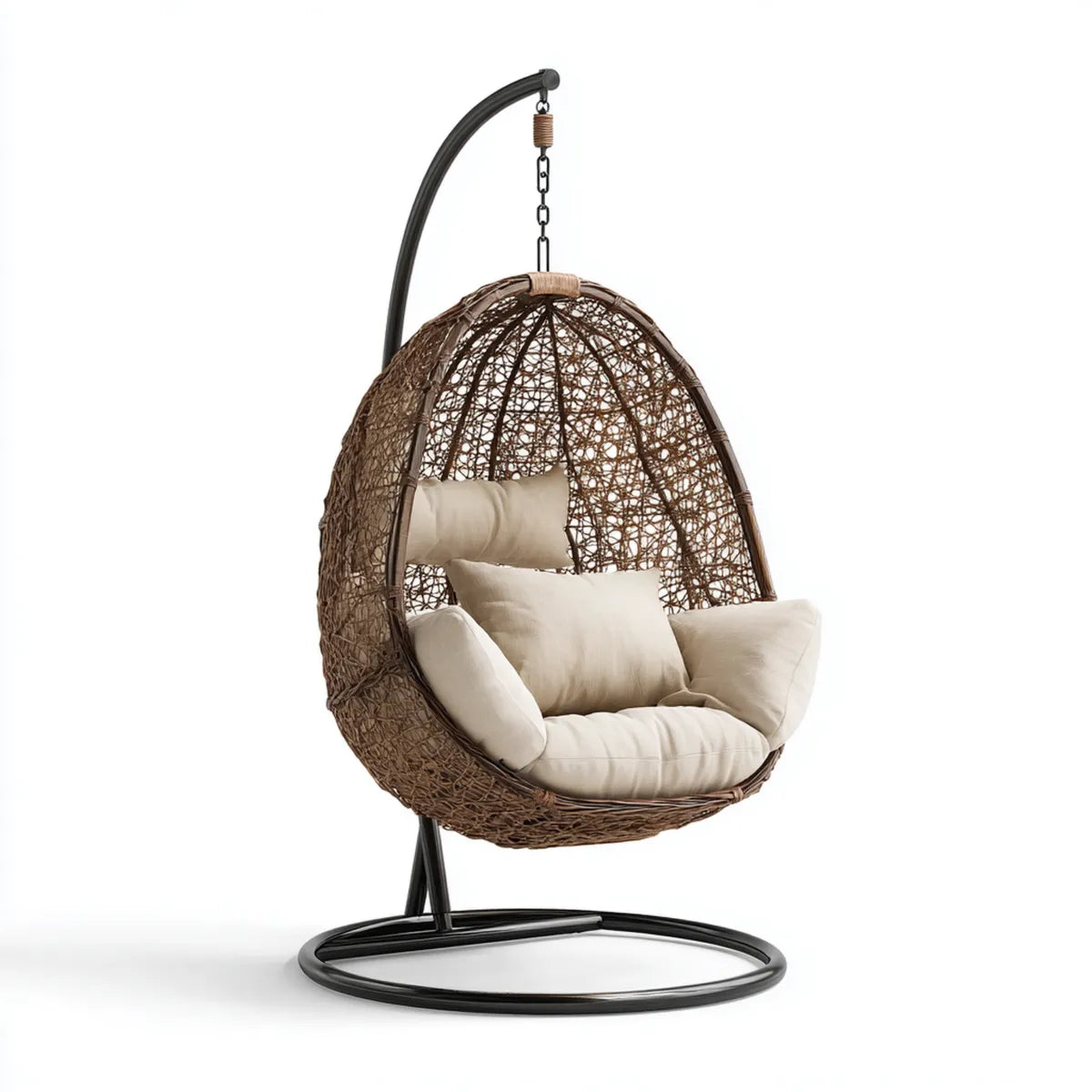 Hamak lub fotel wiszący, Ogród wiszący fotel z czarnym brązowym i beżowym podparciem w stali i syntetyczny rattan owalny 105 x 105 x 195 cm
