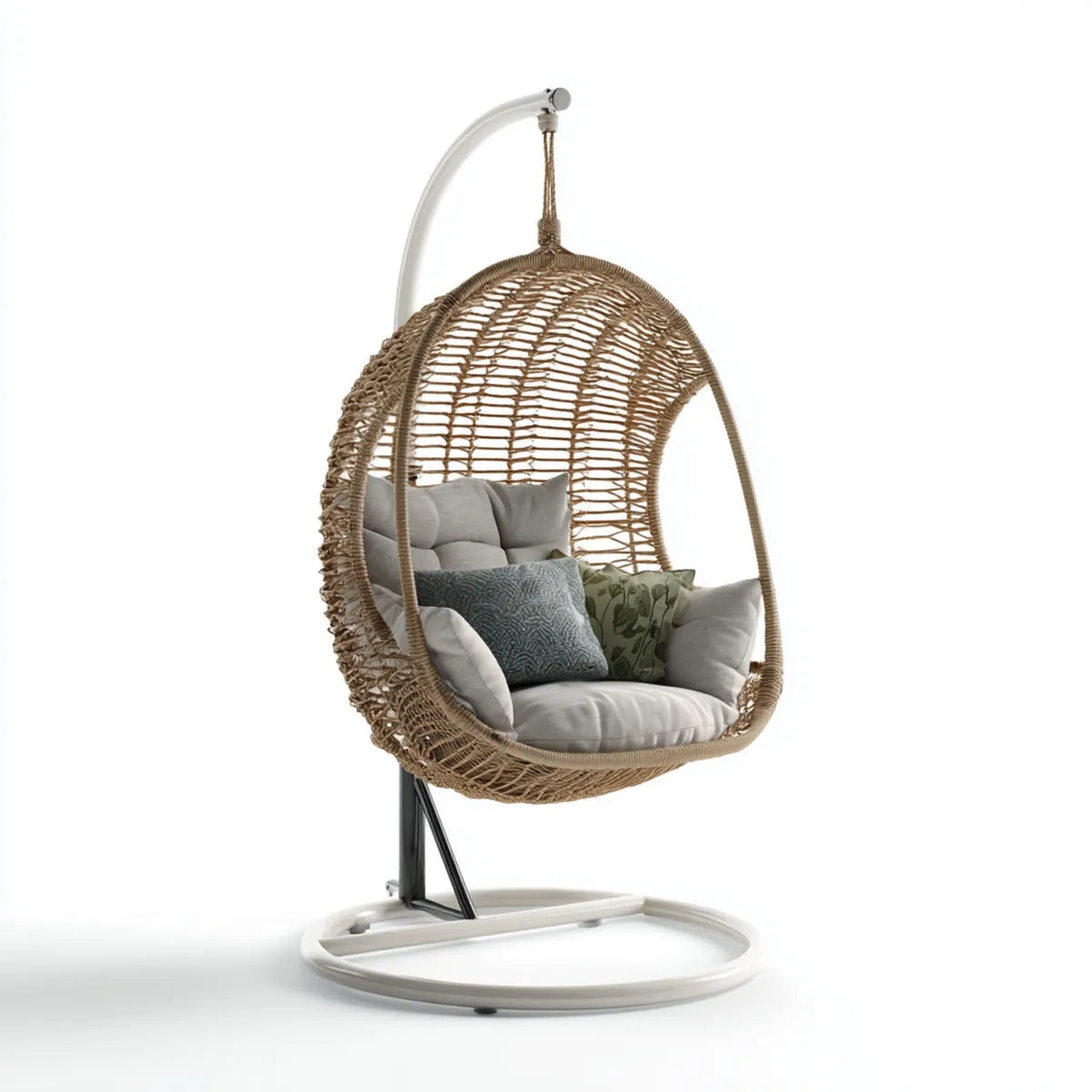 Hamak lub fotel wiszący, Białe i beżowe rattan PE wiszące fotel ogrodowy z owalną stalową podporą 110 x 120 x 195 cm