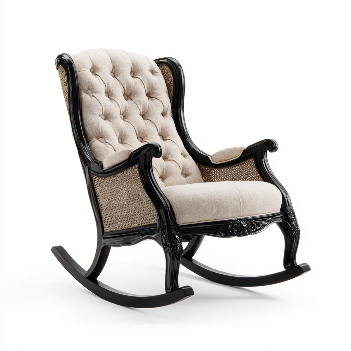 Fotel do siedzenia z rockowaniem Beżowa Czarna 78 x 95 x 106 cm lite drewno poliestrowe rattan