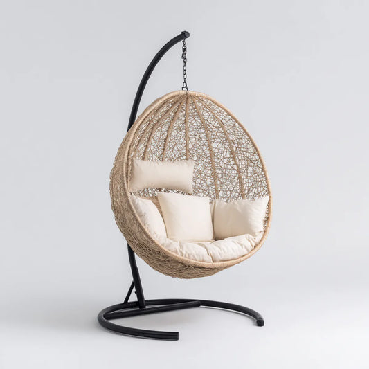 Hamak lub fotel wiszący, Ogród wiszący fotel z czarnym stalowym wsparciem w naturalnym syntetycznym rattanowym kształcie braidu owalne 105 x 105 x 195 cm