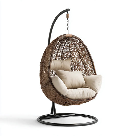 Hamak lub fotel wiszący, Ogród wiszący fotel z czarnym brązowym i beżowym podparciem w stali i syntetyczny rattan owalny 105 x 105 x 195 cm