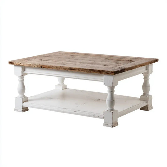 Stolik kawowy, Biały i naturalny kwadratowy stolik do kawy 100 x 100 x 45 cm w litym drewnie z drewna jodłowego z dolną półką