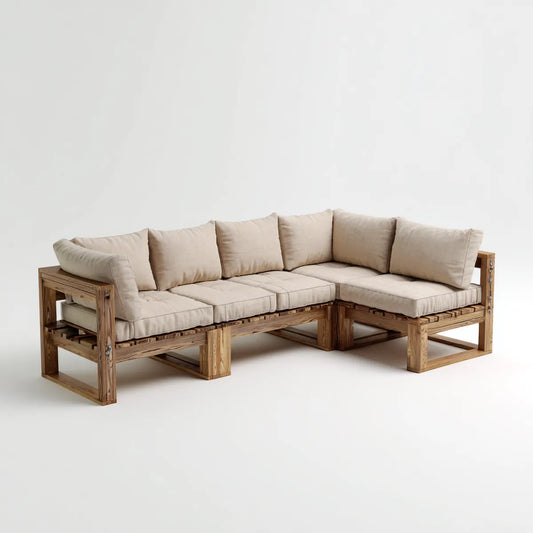 Sofa, Kanapa narożna w beżowym i naturalnym 240 x 180 x 85 cm w sosnie i poliestrze