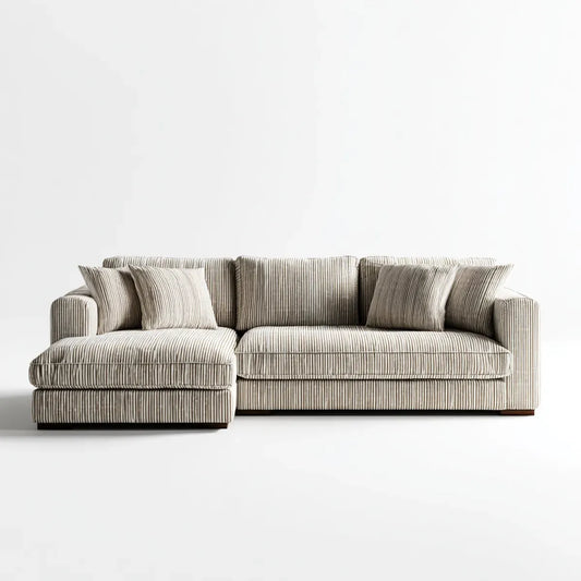 Sofa, Kanapa narożna z pianką poliestrową o kształcie L w paski, 260 x 165 x 85 cm