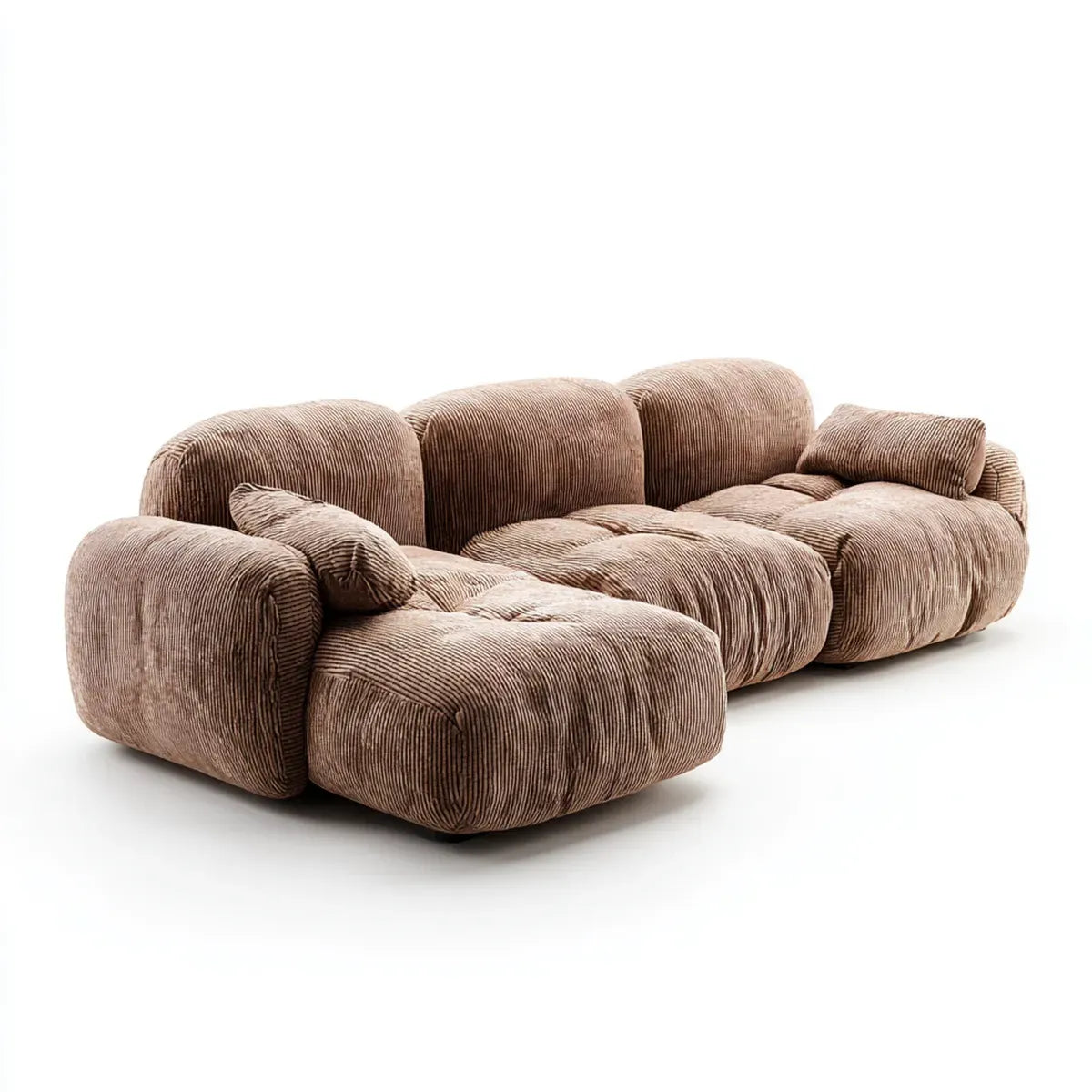 Sofa, Kanapa narożna z półwyspem 3 miejsca brązowy mol w aksamicie z poliestrowymi żebrami kształt 300 x 170 x 78 cm