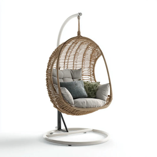 Hamak lub fotel wiszący, Białe i beżowe rattan PE wiszące fotel ogrodowy z owalną stalową podporą 110 x 120 x 195 cm