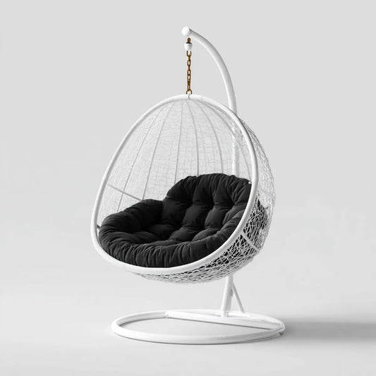 Hamak lub fotel wiszący, Biały ogród wiszące fotel z czarnej poduszki rattan PE i stali 95 x 95 x 195 cm