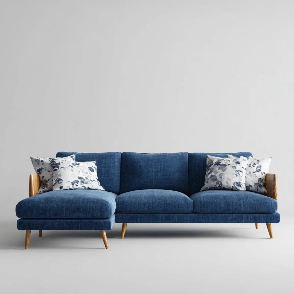 Sofa, Kanapa narożna z krzesełkowym longiem lewym niebieskim 260 x 160 x 85 cm w kształcie poliestru i litego drewna L
