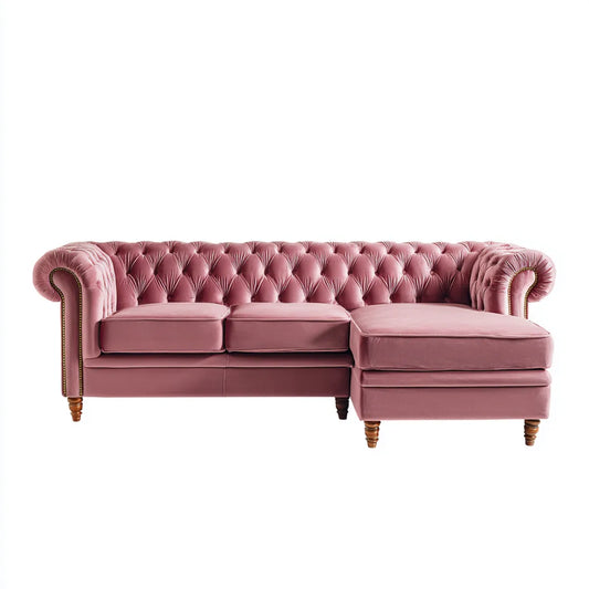 Sofa, Chesterfield narożna sofa różowa z szezlongiem prawo 250 x 90 x 78 cm poliester aksamit lite drewno kształt L