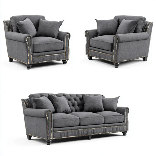 Sofa, Zestaw sofa 3 fotele i 2 szare fotele poliestrowe ze studsami 213 x 91 x 91 cm i 102 x 91 x 91 cm