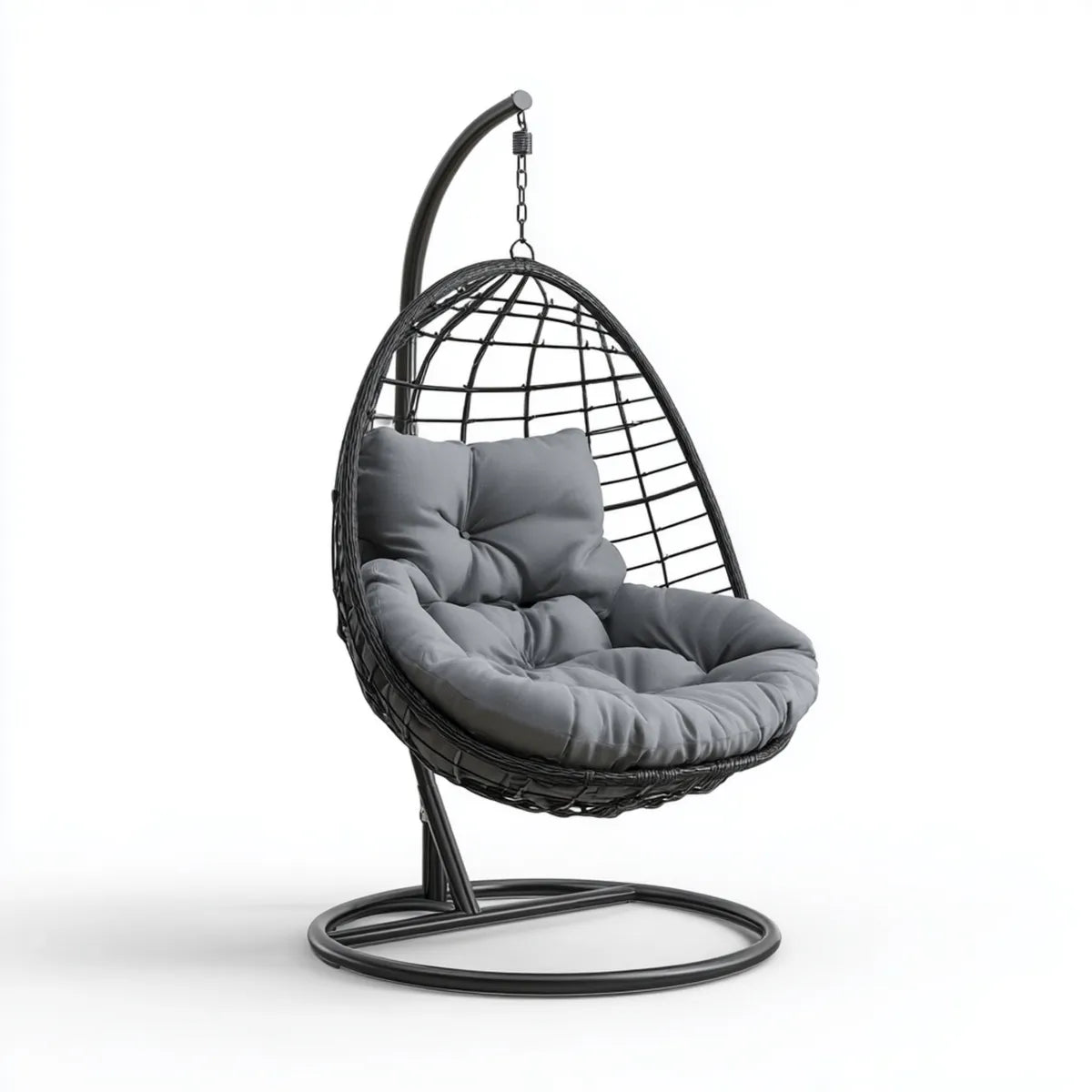 Hamak lub fotel wiszący, Czarno-szare krzesło ogrodowe z tworzywa sztucznego, stalowe i rattan PE 95 x 75 x 195 cm