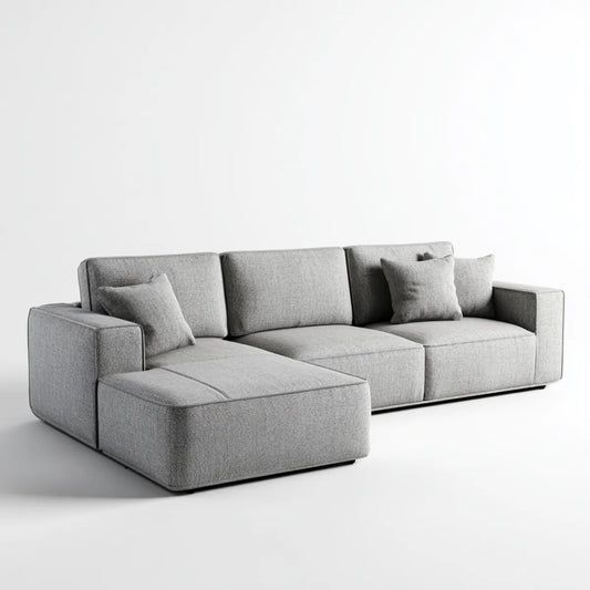 Sofa, Kanapa narożna 3 fotele z krzesełkiem z lewym szarym poliestrem 280 x 160 x 85 cm