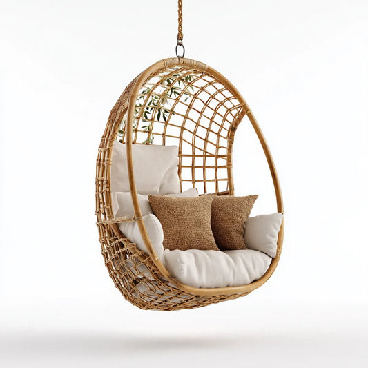 Hamak lub fotel wiszący, Brązowy naturalny rattan owalny ogród wiszące fotel z poduszki ecru 105 x 75 x 125 cm