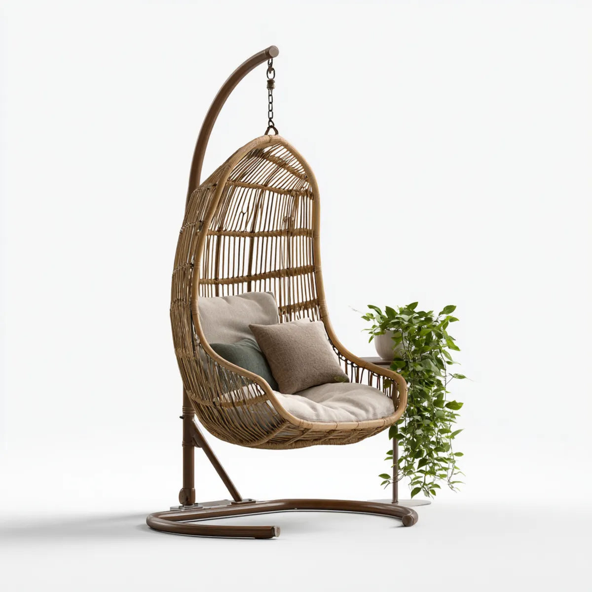 Hamak lub fotel wiszący, Ogród brązowy wiszący fotel z zielonymi beżowymi poduszkami i syntetycznym rattanowym gołębicą 105 x 105 x 195 cm