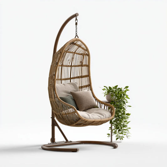 Hamak lub fotel wiszący, Ogród brązowy wiszący fotel z zielonymi beżowymi poduszkami i syntetycznym rattanowym gołębicą 105 x 105 x 195 cm