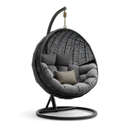 Hamak lub fotel wiszący, Czarny ogród z jaj wiszące fotel 120 x 105 x 195 cm podpórka w stali i syntetyczny rattan