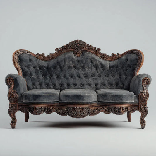 Sofa, 3 barokowa, szara sofa antracytowa w poliestrowym aksamicie z litym drewnem ramka 220 x 90 x 120 cm